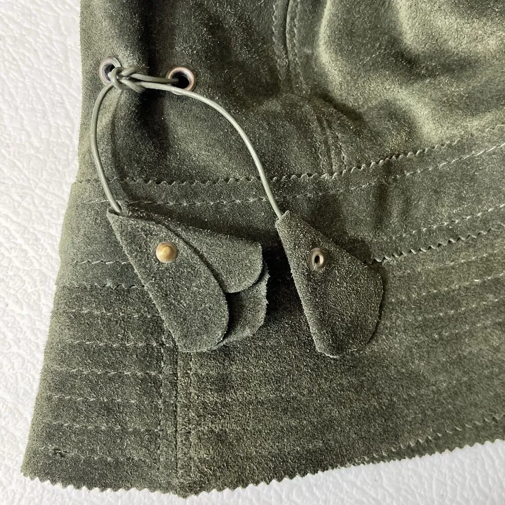 J. Crew Women's M/L 100% Leather Suede Bucket Hat Designer Classic Green Tassel